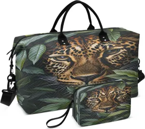 Leopard Travel Duffle Bag Gym Bag, African Leopard Mysterious Weekender Bags for Women with Toiletry Bag Travel Tote Bag Swim Bag
