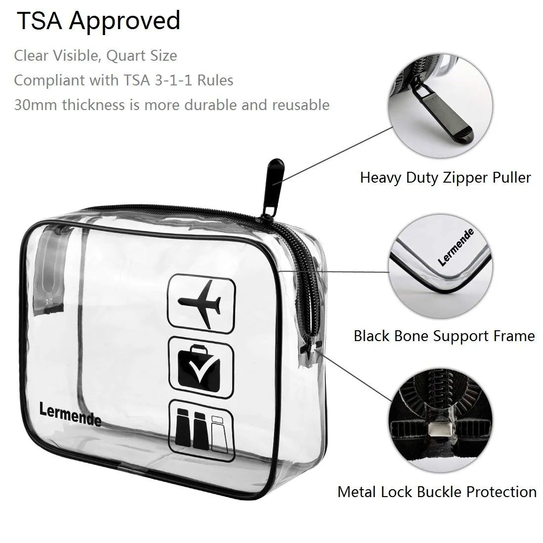 Lermende 2pcs Clear Toiletry Bag TSA Approved Travel Bag,Carry On for Travel,Airport Airline Accessories Compliant Bag,Quart Sized Makeup Cosmetic bag Women Men (Black, 2 Pack)