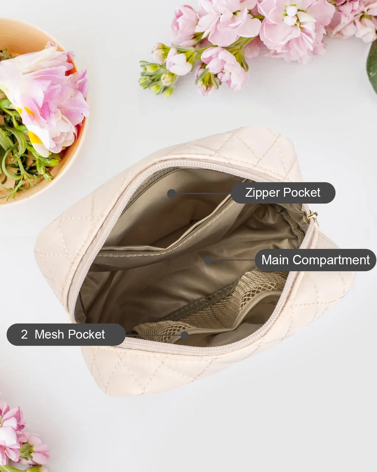 LETGO Makeup Bag Travel Cosmetic Bag,Small Make Up Bags for Women Makeup Organizer Case, Toiletry Bag Quilted Make Up Bags Travel Essentials Toiletries Accessories (Beige)