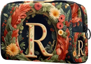 Letter R Surrounded Floral Retro Pattern Small Makeup Bag for Purse, Portable Cosmetic Bag Zipper Makeup Pouch for Women, Stationery, Toiletries, Travel Accessories