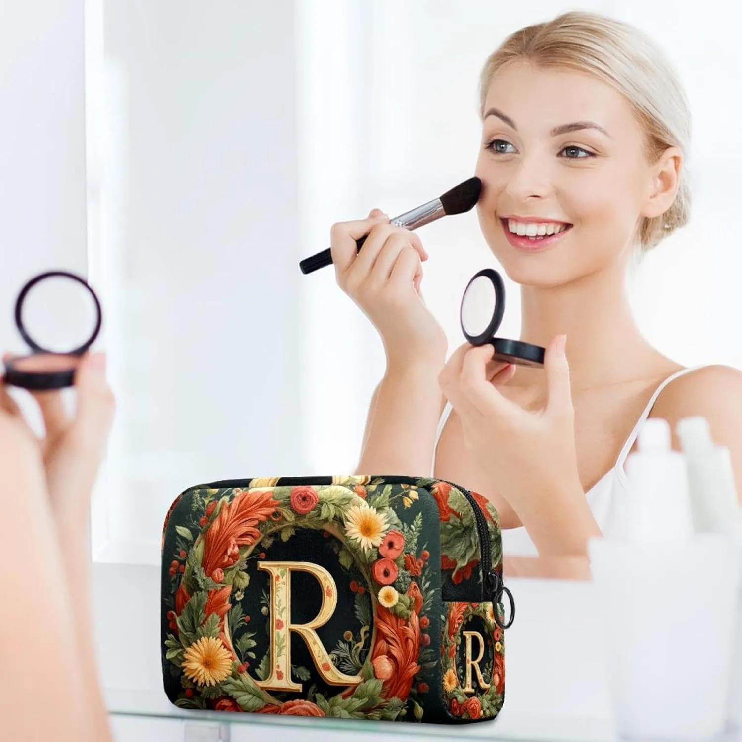 Letter R Surrounded Floral Retro Pattern Small Makeup Bag for Purse, Portable Cosmetic Bag Zipper Makeup Pouch for Women, Stationery, Toiletries, Travel Accessories