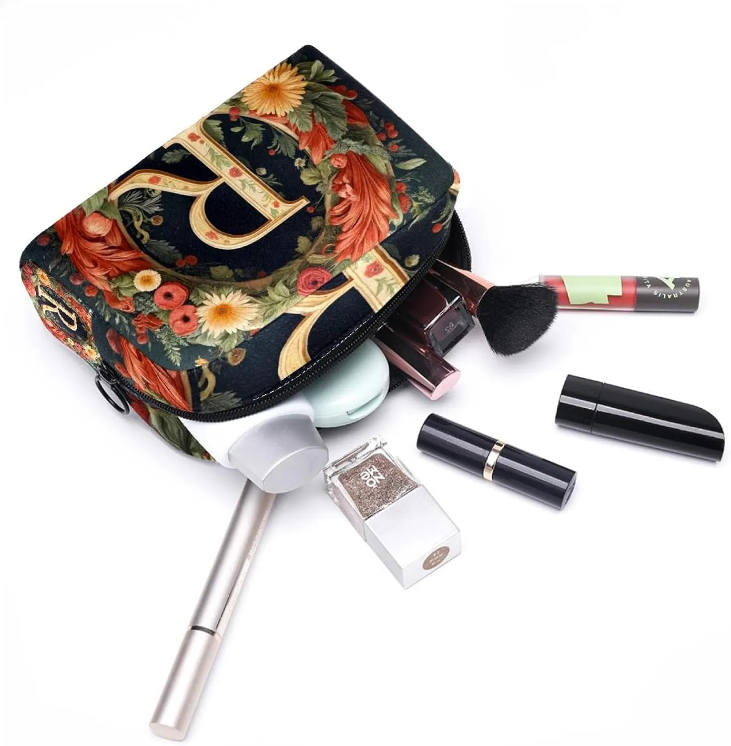 Letter R Surrounded Floral Retro Pattern Small Makeup Bag for Purse, Portable Cosmetic Bag Zipper Makeup Pouch for Women, Stationery, Toiletries, Travel Accessories