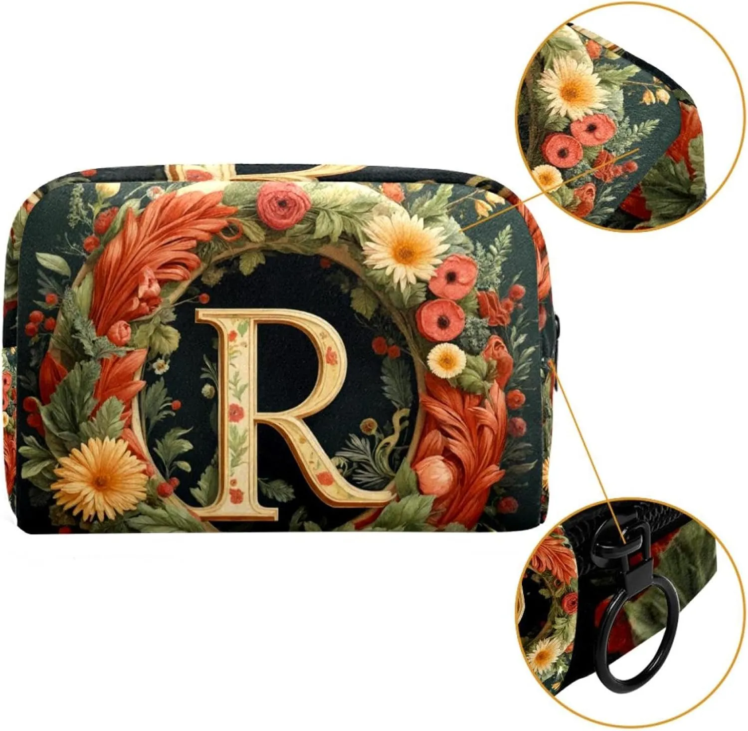 Letter R Surrounded Floral Retro Pattern Small Makeup Bag for Purse, Portable Cosmetic Bag Zipper Makeup Pouch for Women, Stationery, Toiletries, Travel Accessories