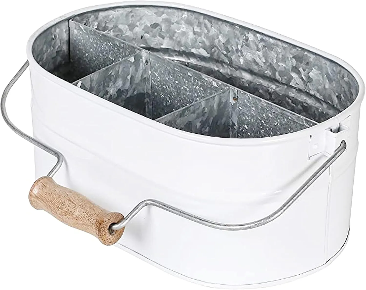 Light & Pro Farmhouse Rustic Silverware Utensil Carry All Caddy - Galvanized Organizer Caddy With Dividers, Wooden Handle Storage Bin For Flatware, Condiments, Party Cutlery - White