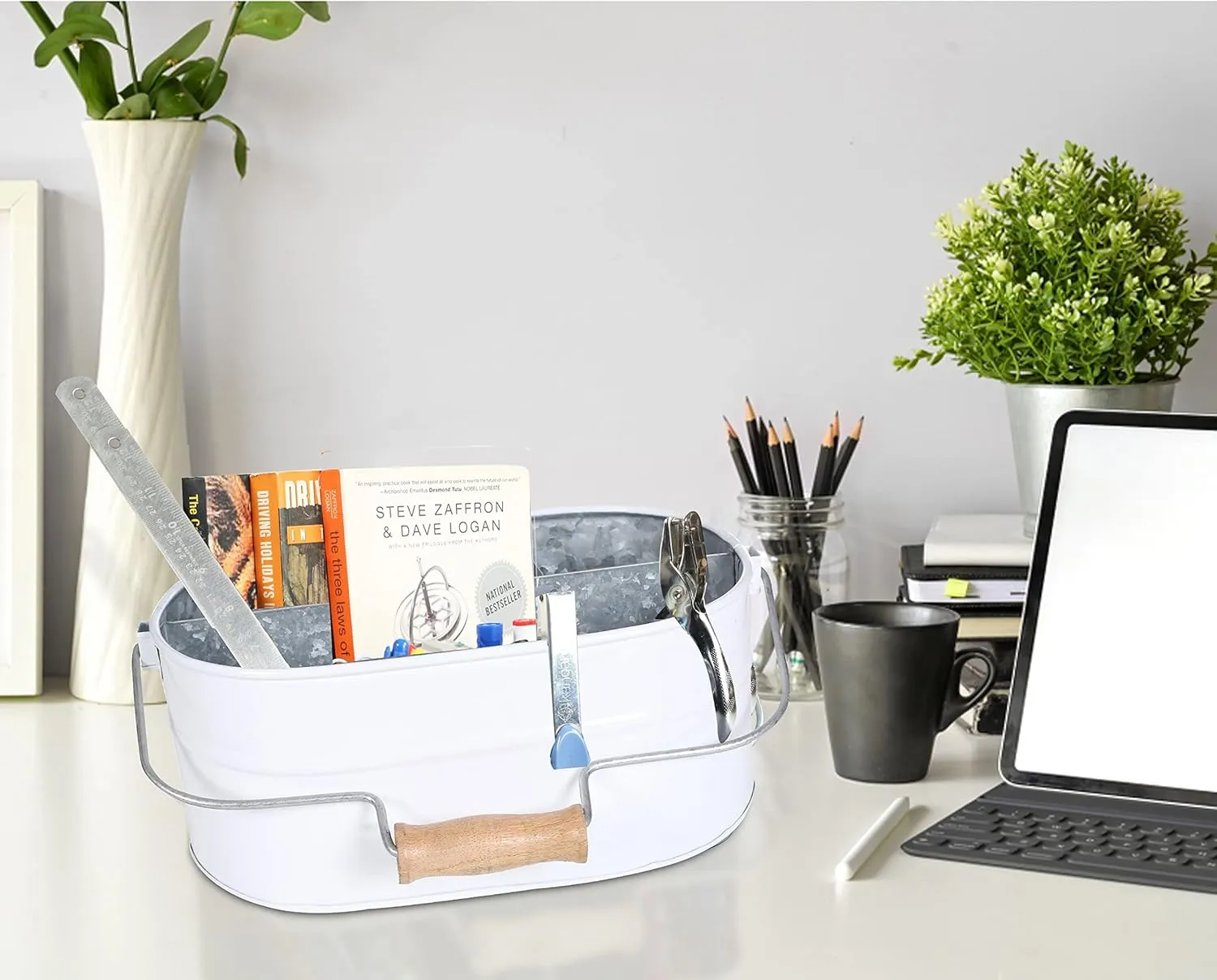Light & Pro Farmhouse Rustic Silverware Utensil Carry All Caddy - Galvanized Organizer Caddy With Dividers, Wooden Handle Storage Bin For Flatware, Condiments, Party Cutlery - White