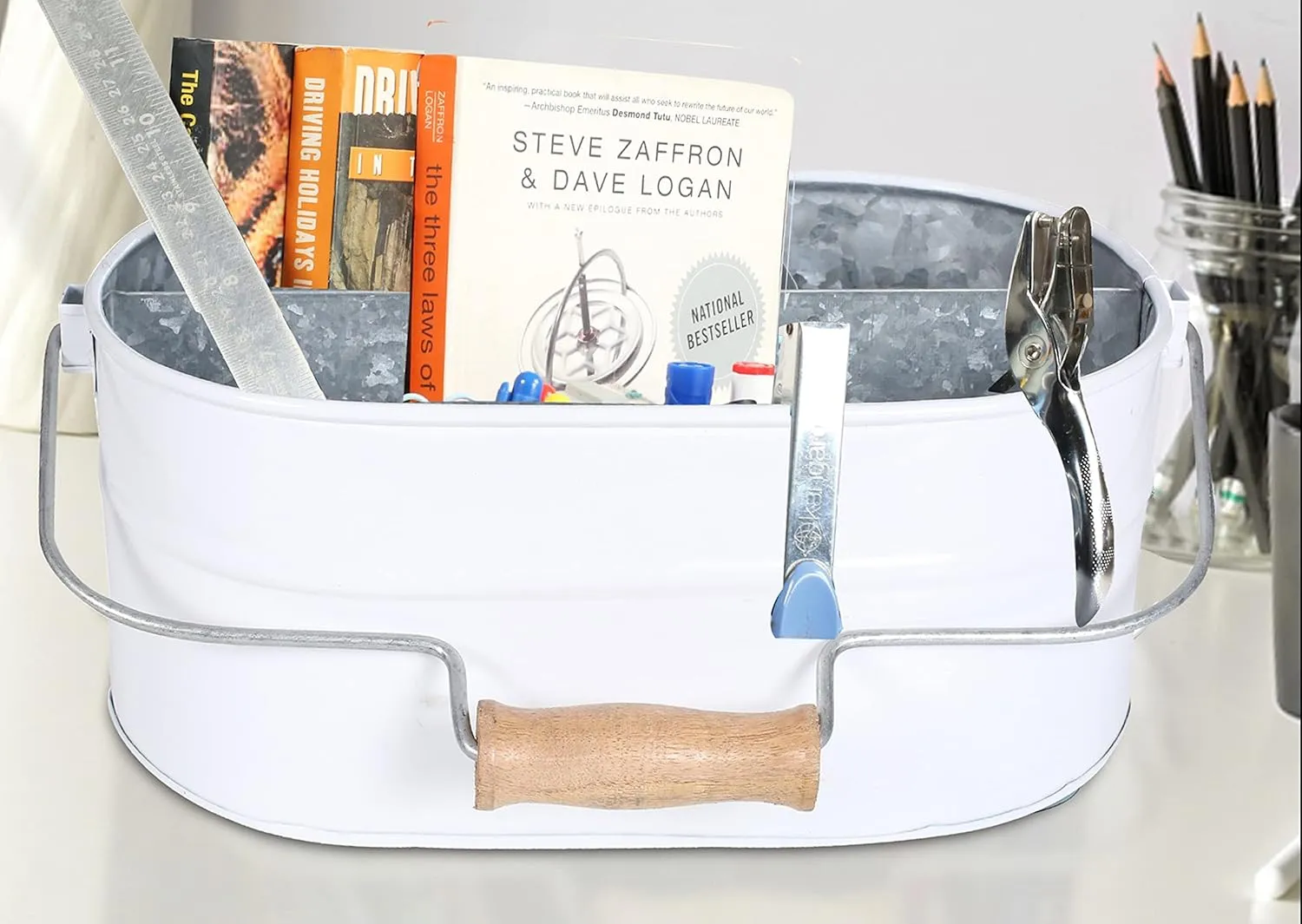 Light & Pro Farmhouse Rustic Silverware Utensil Carry All Caddy - Galvanized Organizer Caddy With Dividers, Wooden Handle Storage Bin For Flatware, Condiments, Party Cutlery - White