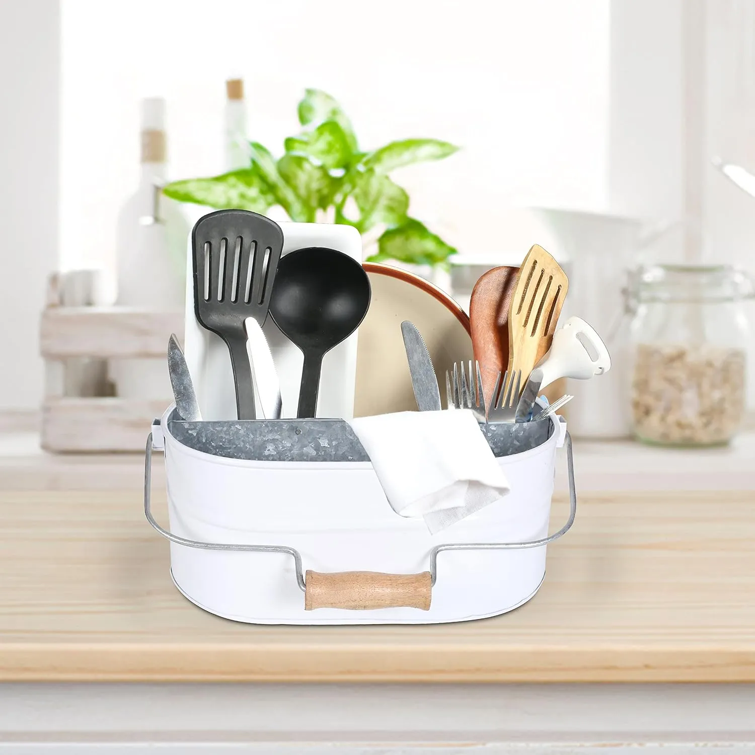 Light & Pro Farmhouse Rustic Silverware Utensil Carry All Caddy - Galvanized Organizer Caddy With Dividers, Wooden Handle Storage Bin For Flatware, Condiments, Party Cutlery - White