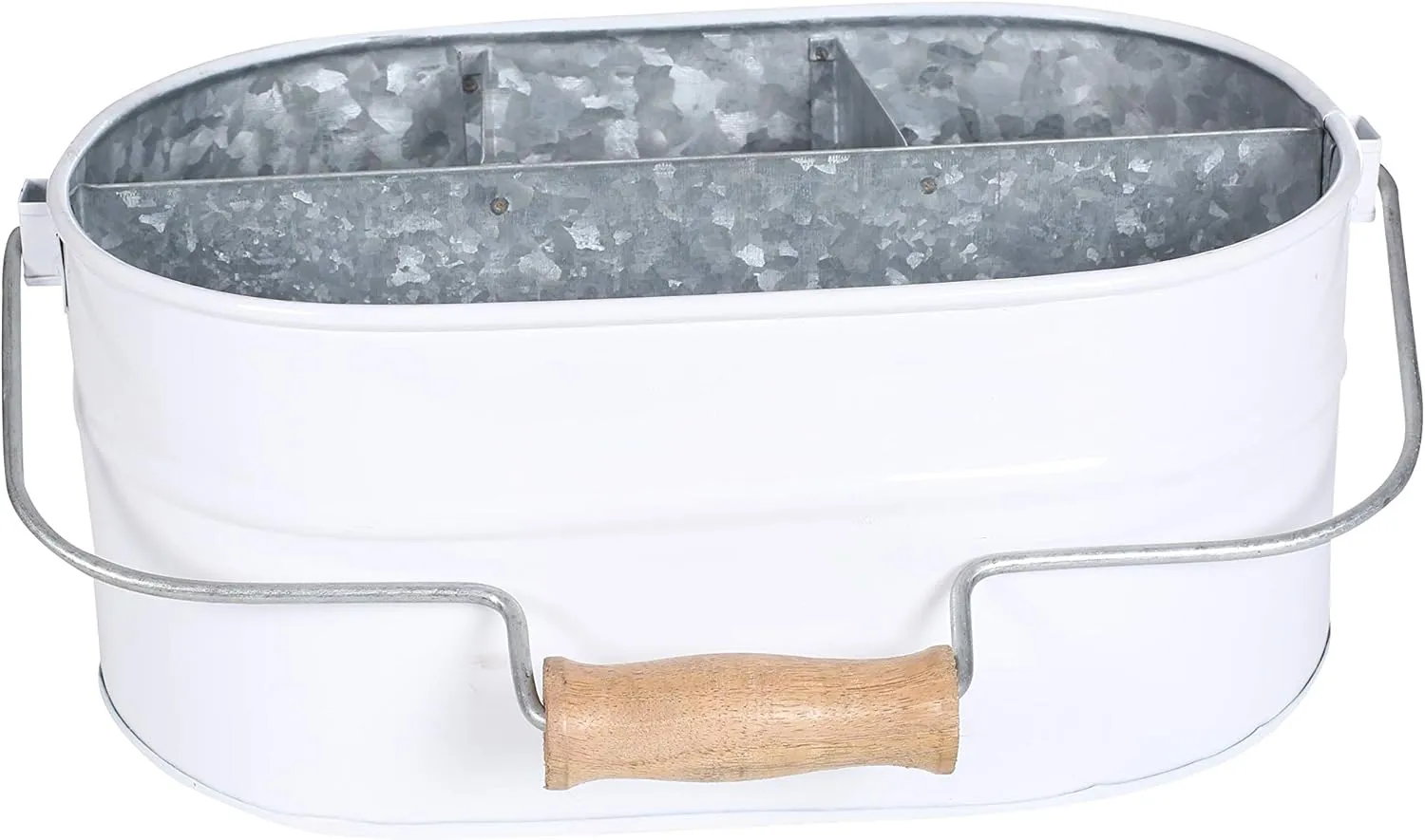 Light & Pro Farmhouse Rustic Silverware Utensil Carry All Caddy - Galvanized Organizer Caddy With Dividers, Wooden Handle Storage Bin For Flatware, Condiments, Party Cutlery - White