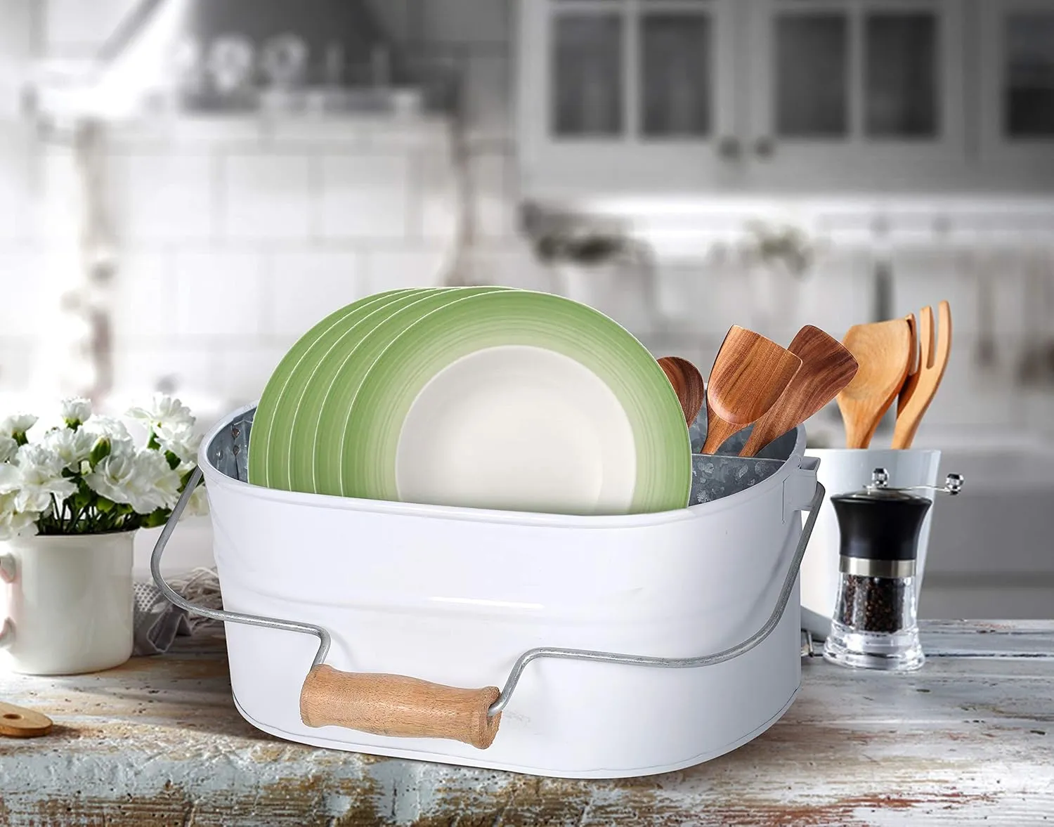 Light & Pro Farmhouse Rustic Silverware Utensil Carry All Caddy - Galvanized Organizer Caddy With Dividers, Wooden Handle Storage Bin For Flatware, Condiments, Party Cutlery - White
