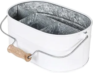 Light & Pro Farmhouse Rustic Silverware Utensil Carry All Caddy - Galvanized Organizer Caddy With Dividers, Wooden Handle Storage Bin For Flatware, Condiments, Party Cutlery - White