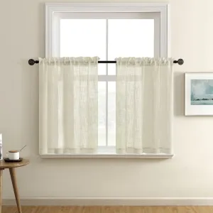 Linen Kitchen Curtains, 36 Inch Length, Half Window, Neutral, Casual Faux Linen Look, Rod Pocket, Cafe, Short, Semi Sheer, Beach Curtains for Bathroom, Small Window Treatment, Tier, Natural Beige/Tan