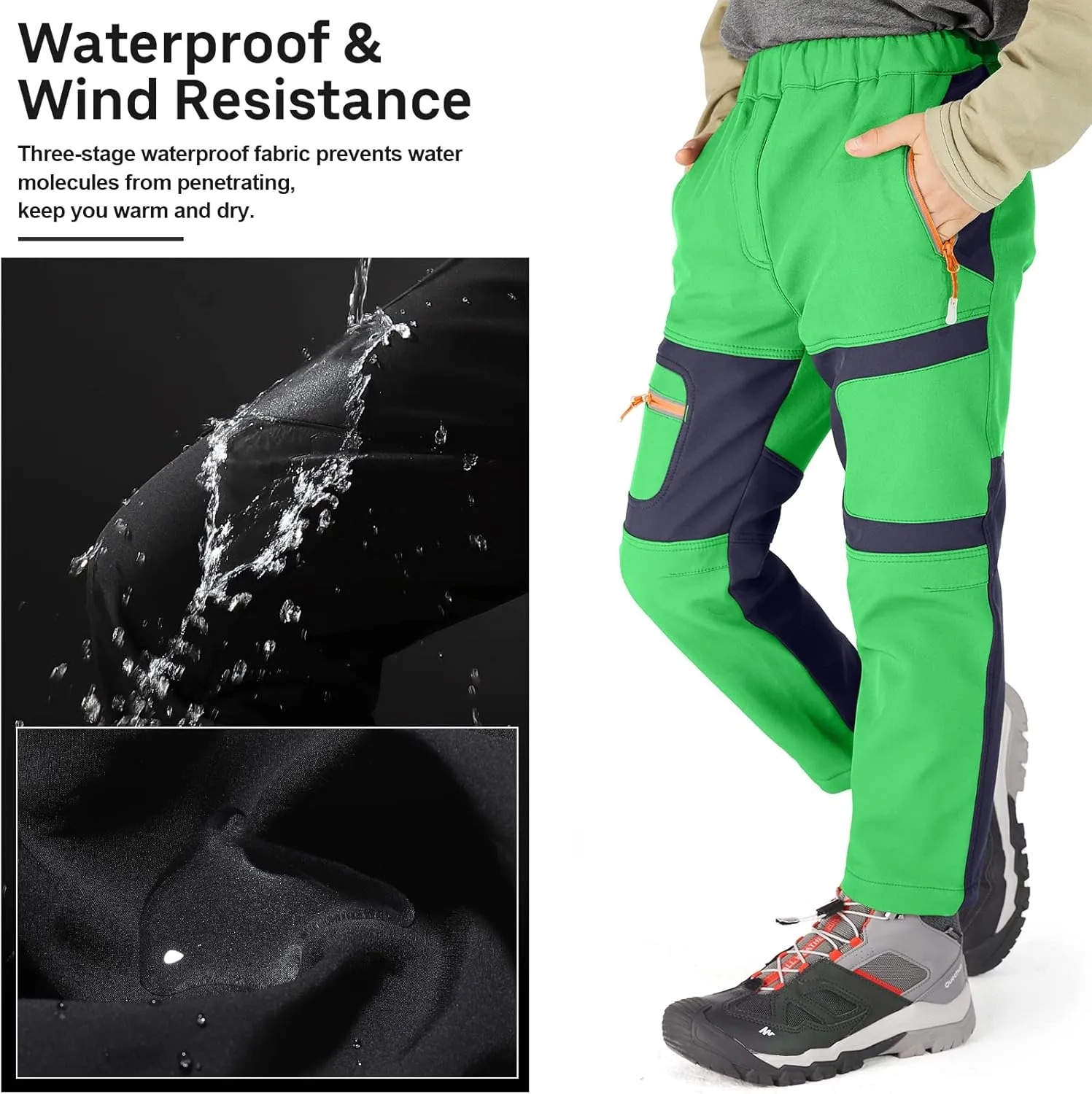 linlon Kids Boy's Snow Waterproof Pants Youth Fleece Lind Hiking Softshell Warm Insulated Trousers