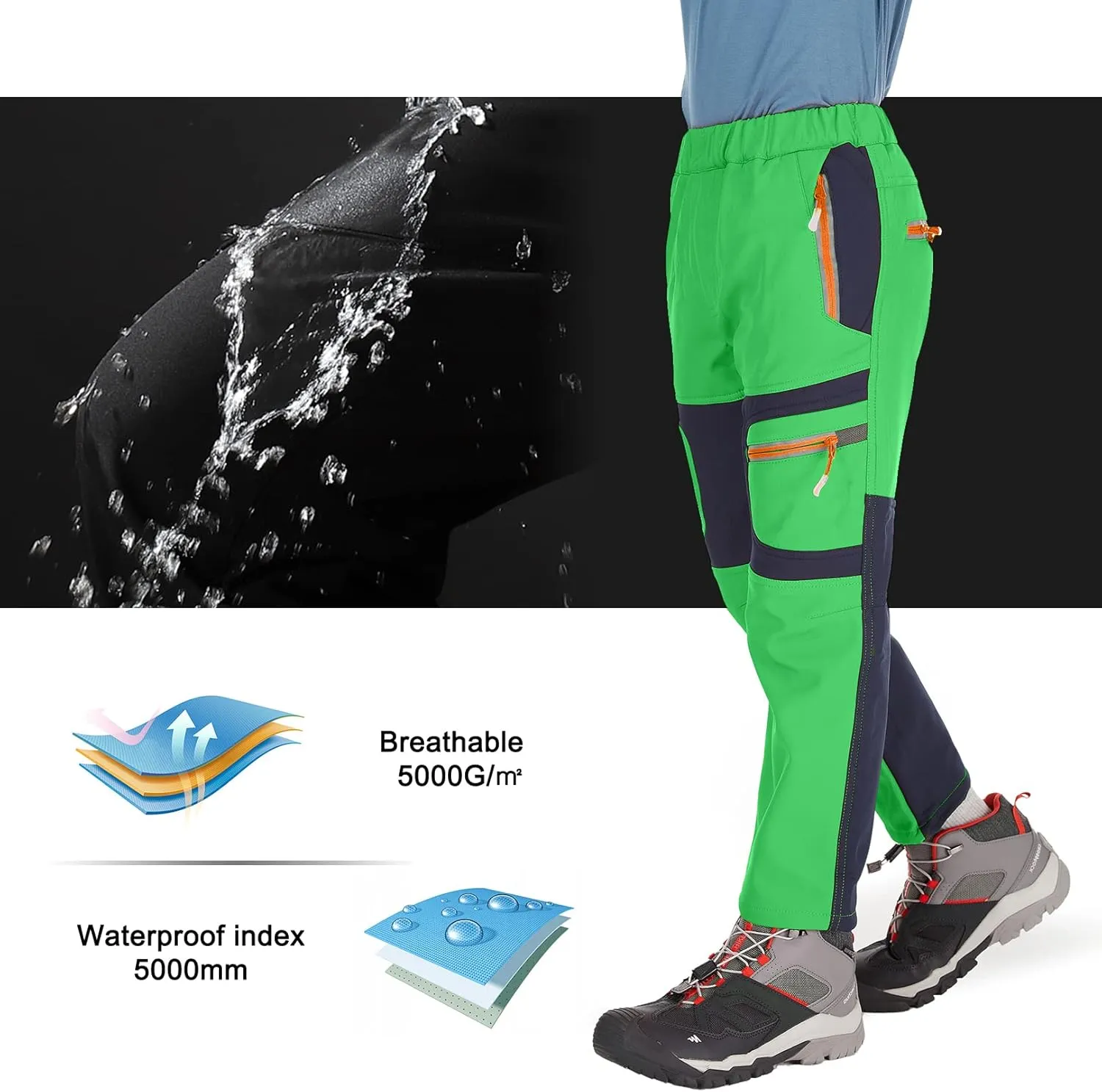 linlon Kids Boy's Snow Waterproof Pants Youth Fleece Lind Hiking Softshell Warm Insulated Trousers