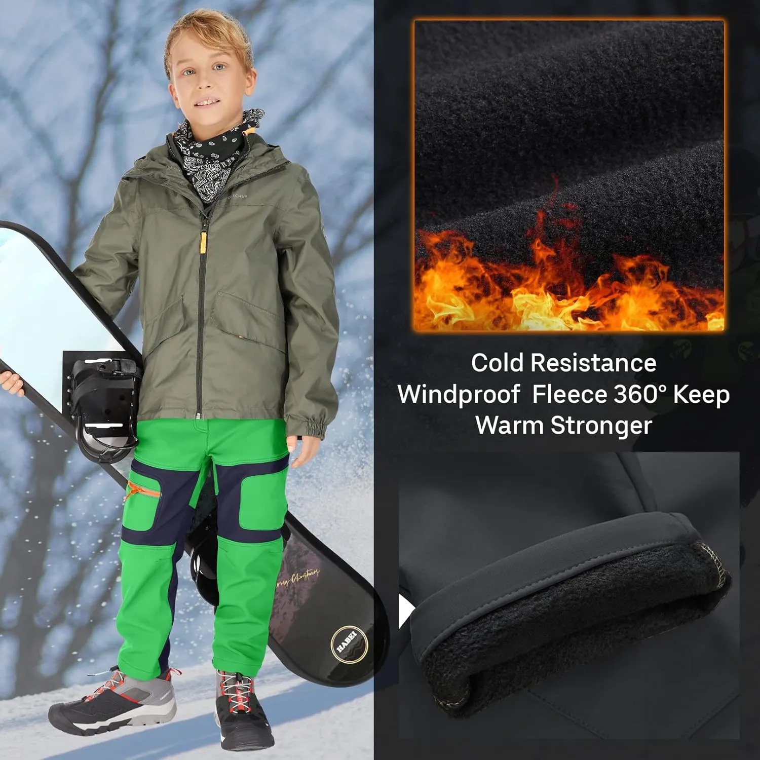 linlon Kids Boy's Snow Waterproof Pants Youth Fleece Lind Hiking Softshell Warm Insulated Trousers