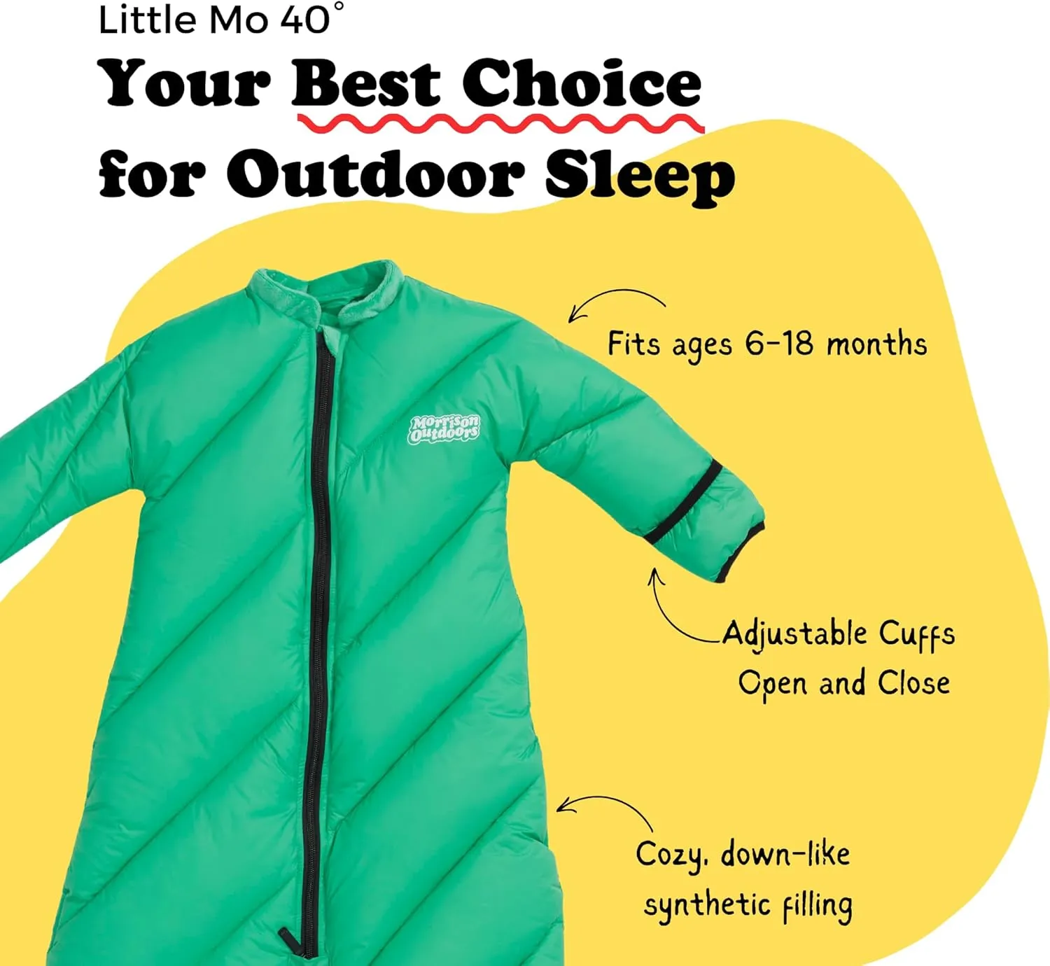 Little Mo 40° Baby Sleeping Bag (6-18 Months) The Camping Sleeping Bag for Babies and Toddlers with Adjustable Open-and-Close Cuffs and Thick, Lofty Insulation.