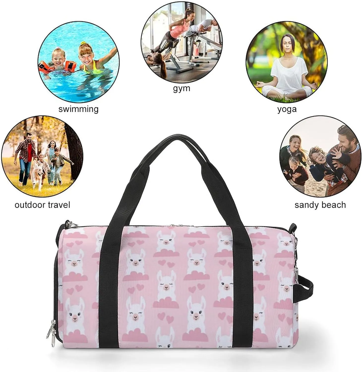 Llamas, Clouds And Hears Pattern Water Resistant Gym Bag with Shoe Compartment, Travel Duffel Tote Bag Weekender Overnight Bag for Women Men