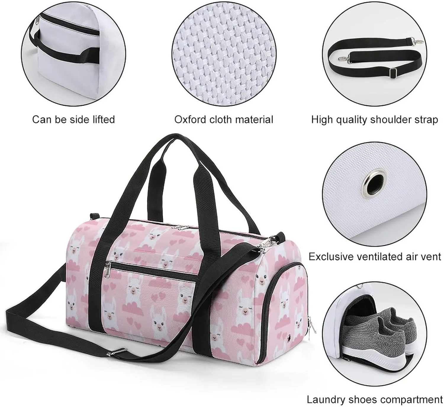 Llamas, Clouds And Hears Pattern Water Resistant Gym Bag with Shoe Compartment, Travel Duffel Tote Bag Weekender Overnight Bag for Women Men