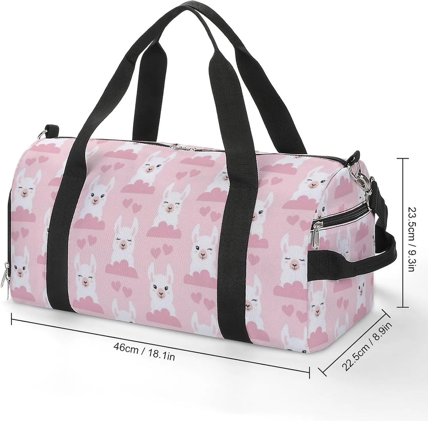 Llamas, Clouds And Hears Pattern Water Resistant Gym Bag with Shoe Compartment, Travel Duffel Tote Bag Weekender Overnight Bag for Women Men