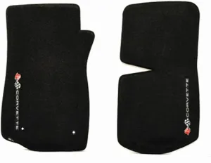 Lloyd Mats 1968-1982 C3 Corvette Classic Loop Black Front Floor Mats Set with Crossed Flags & CORVETTE Logo Facing Door Sill