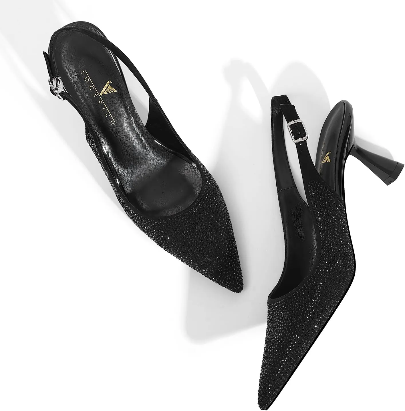 LOCERICH Women's Kitten Heels Slingback Low Heel Dress Shoes Closed Toe Pumps Rhinestone Pointed Toe Sparkly Sling Back Bridal Wedding Party