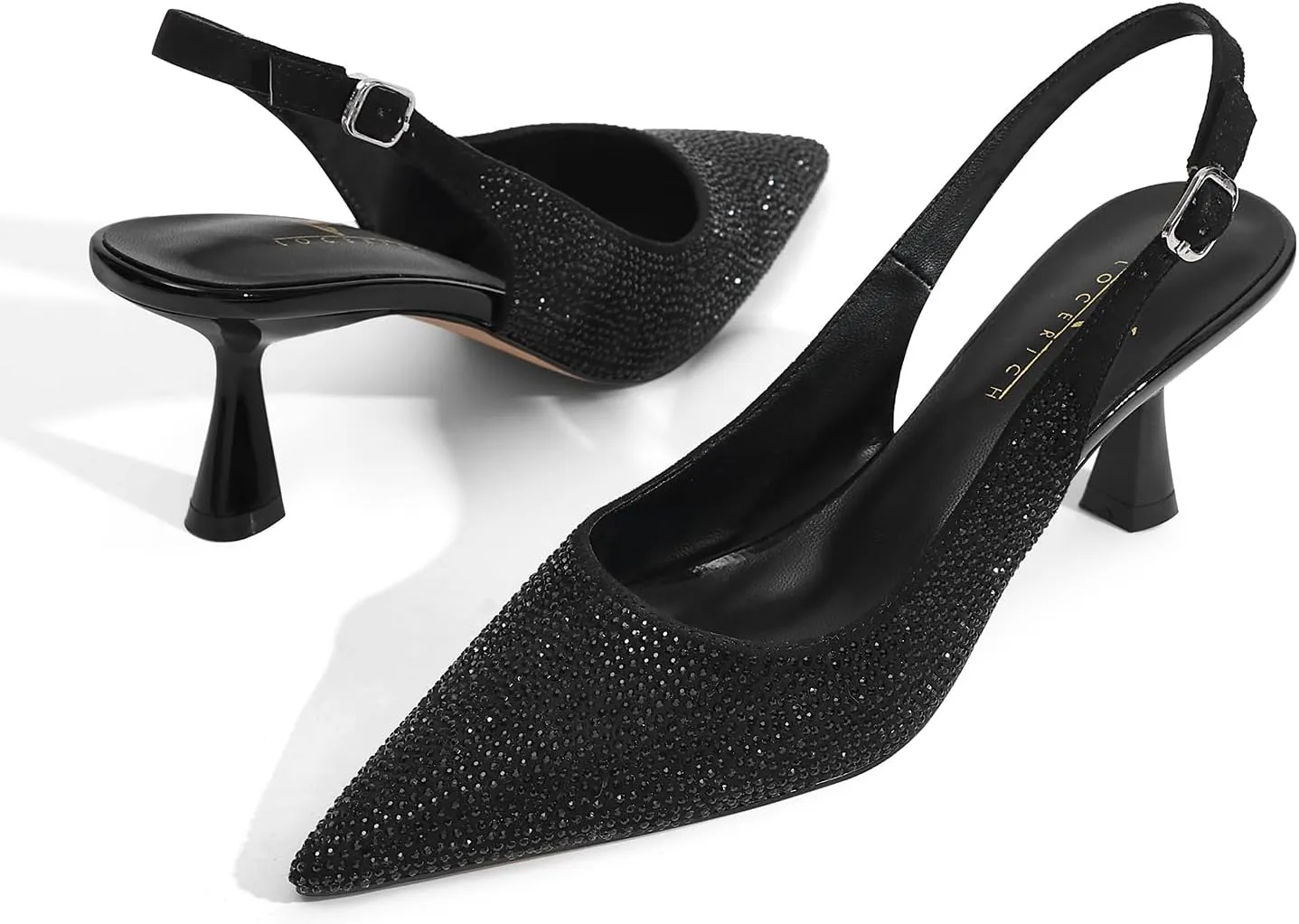 LOCERICH Women's Kitten Heels Slingback Low Heel Dress Shoes Closed Toe Pumps Rhinestone Pointed Toe Sparkly Sling Back Bridal Wedding Party