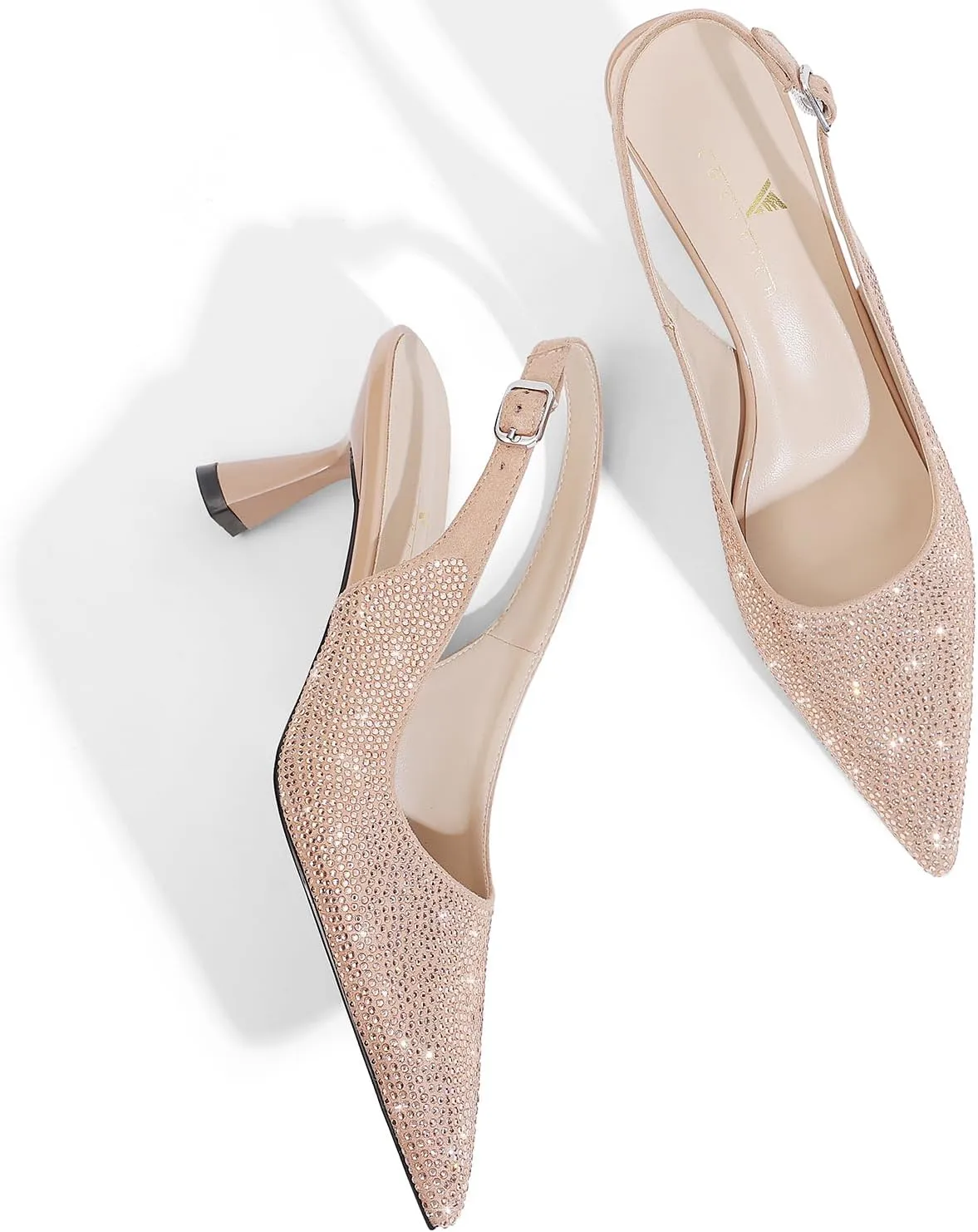 LOCERICH Women's Kitten Heels Slingback Low Heel Dress Shoes Closed Toe Pumps Rhinestone Pointed Toe Sparkly Sling Back Bridal Wedding Party