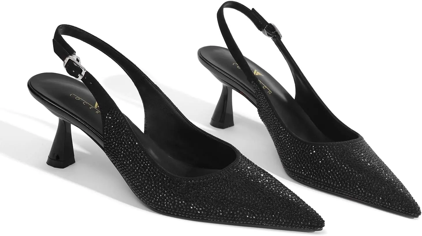 LOCERICH Women's Kitten Heels Slingback Low Heel Dress Shoes Closed Toe Pumps Rhinestone Pointed Toe Sparkly Sling Back Bridal Wedding Party