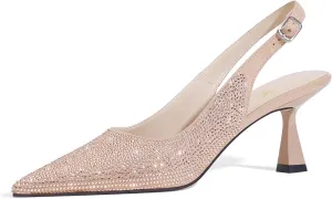 LOCERICH Women's Kitten Heels Slingback Low Heel Dress Shoes Closed Toe Pumps Rhinestone Pointed Toe Sparkly Sling Back Bridal Wedding Party