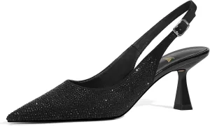LOCERICH Women's Kitten Heels Slingback Low Heel Dress Shoes Closed Toe Pumps Rhinestone Pointed Toe Sparkly Sling Back Bridal Wedding Party