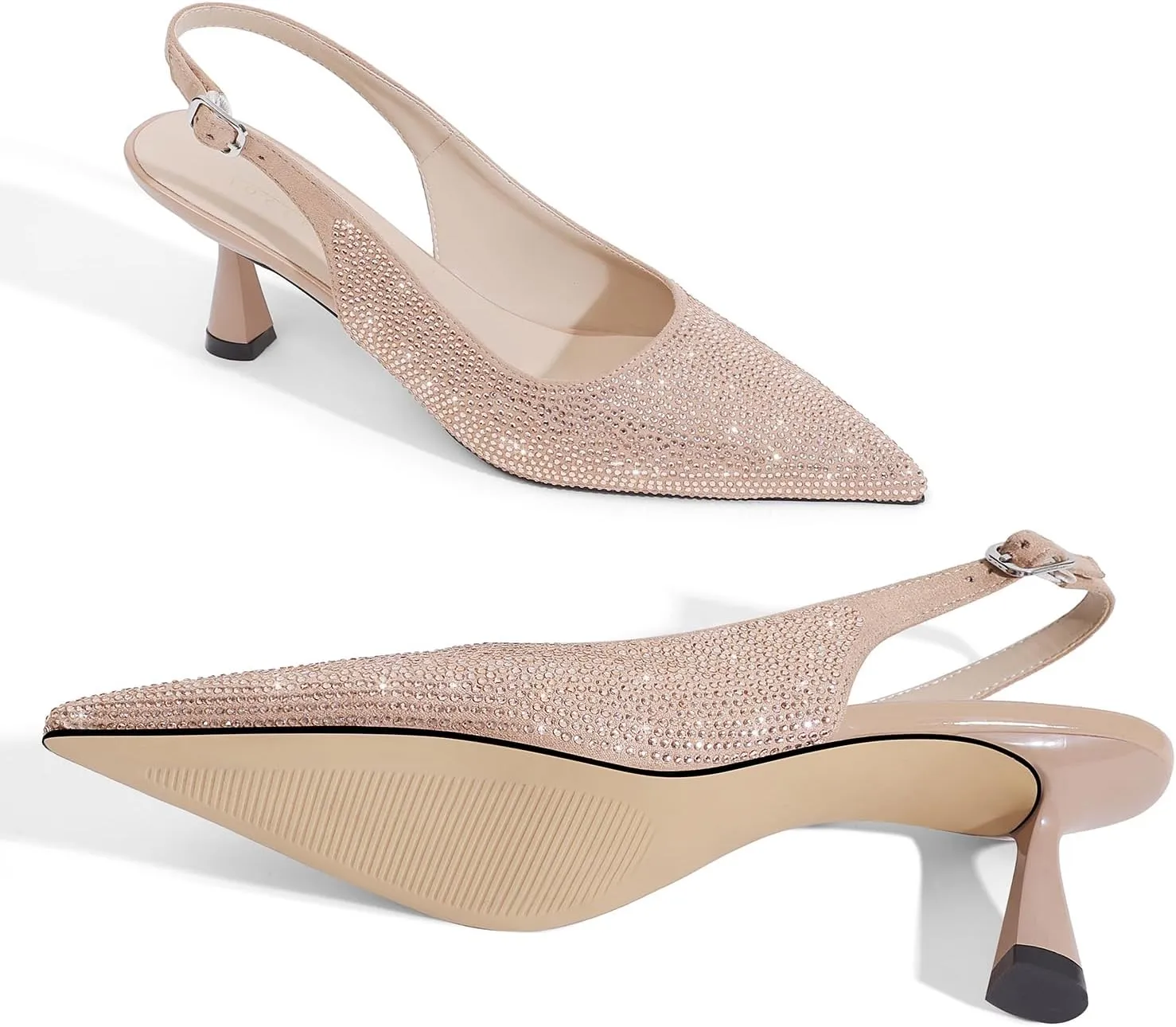 LOCERICH Women's Kitten Heels Slingback Low Heel Dress Shoes Closed Toe Pumps Rhinestone Pointed Toe Sparkly Sling Back Bridal Wedding Party