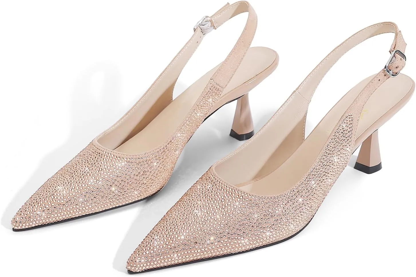 LOCERICH Women's Kitten Heels Slingback Low Heel Dress Shoes Closed Toe Pumps Rhinestone Pointed Toe Sparkly Sling Back Bridal Wedding Party