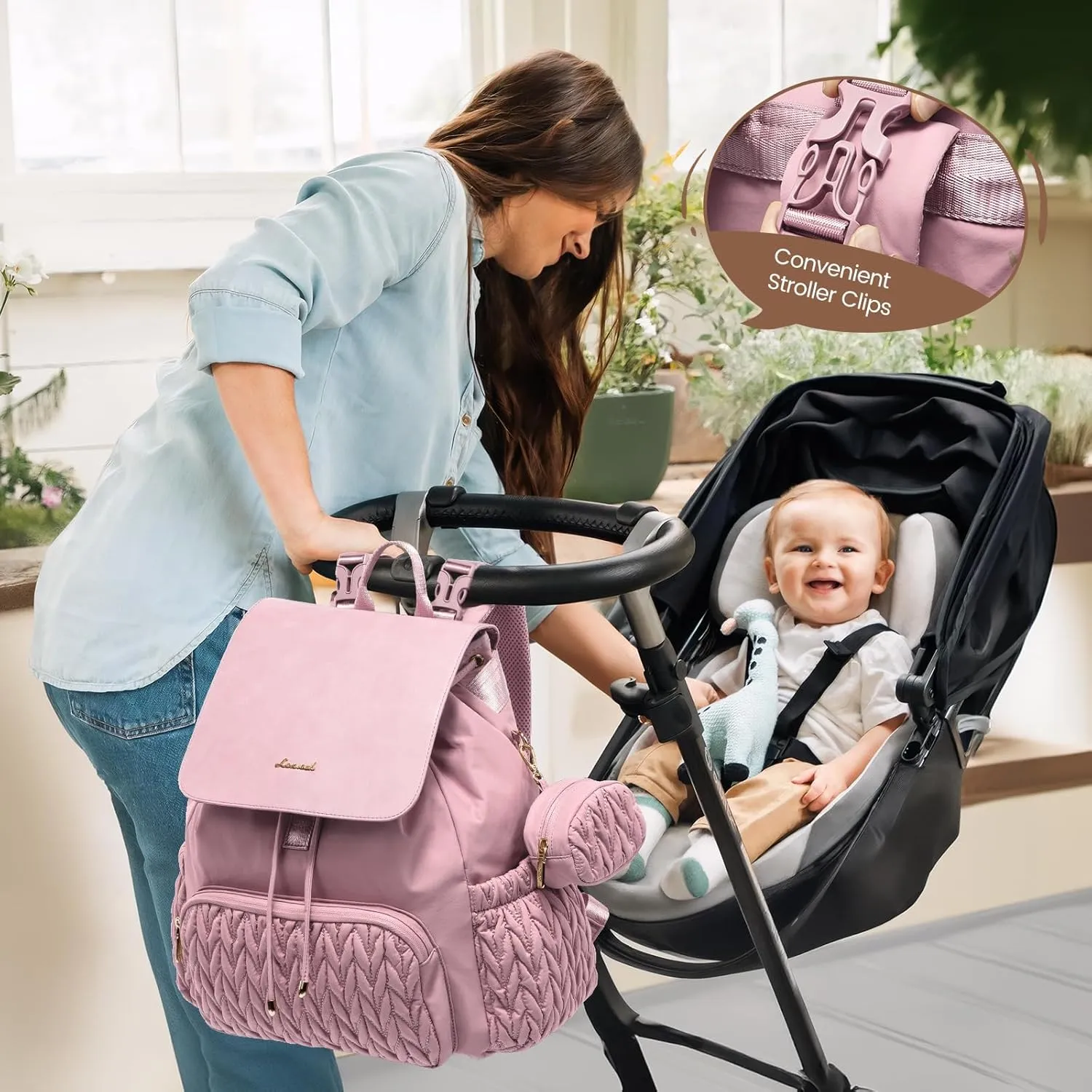 LOVEVOOK Diaper Bag Backpack, Small Baby Bag, Cute Baby Diaper Bag, Stylish Water-Resistant Travel Baby Bag for Mom, Baby Backpack with Changing Pad, Stroller Straps-Pink