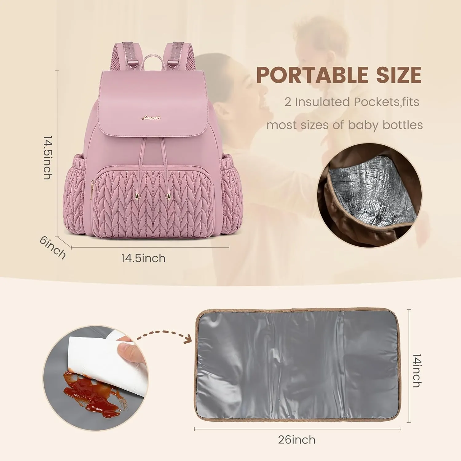 LOVEVOOK Diaper Bag Backpack, Small Baby Bag, Cute Baby Diaper Bag, Stylish Water-Resistant Travel Baby Bag for Mom, Baby Backpack with Changing Pad, Stroller Straps-Pink