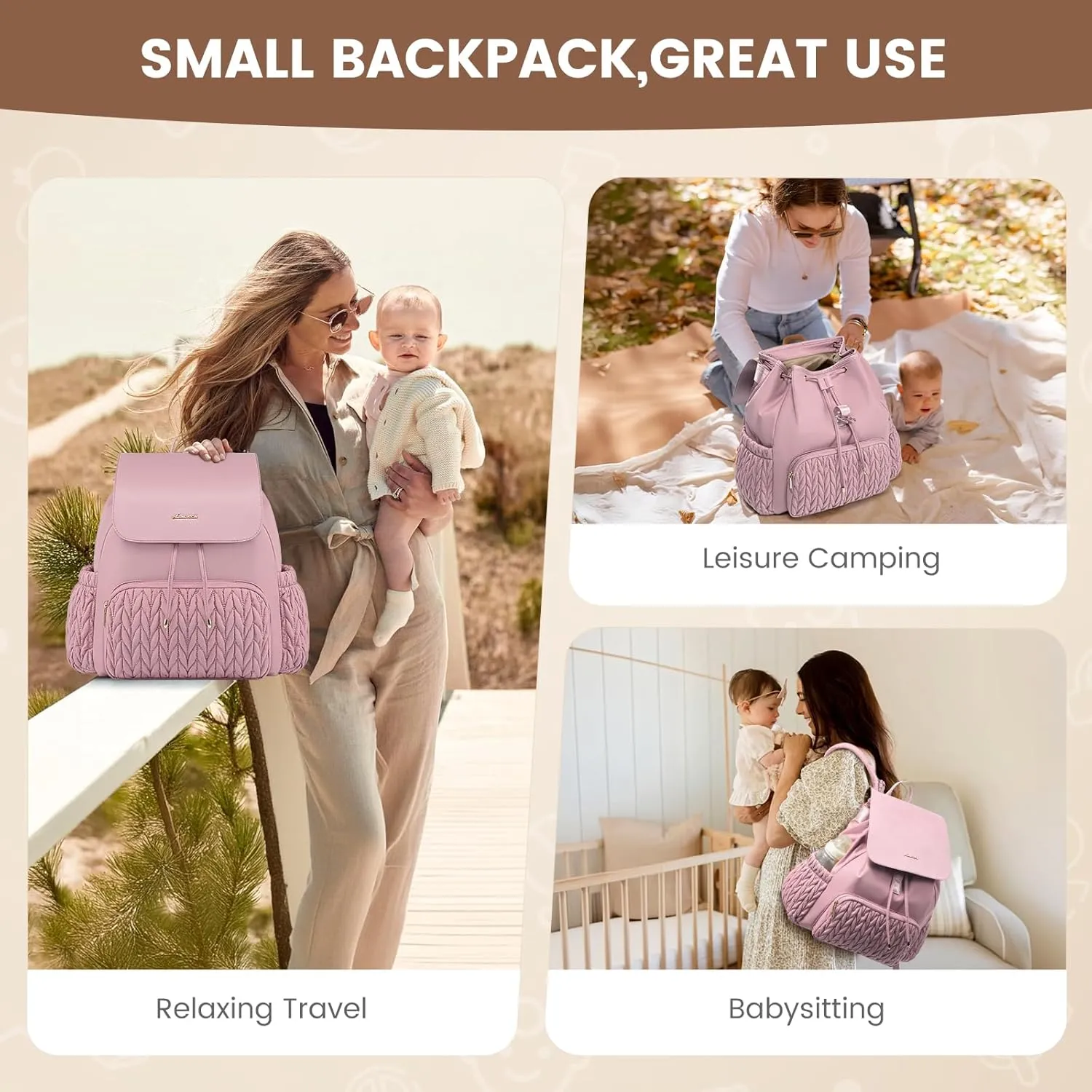 LOVEVOOK Diaper Bag Backpack, Small Baby Bag, Cute Baby Diaper Bag, Stylish Water-Resistant Travel Baby Bag for Mom, Baby Backpack with Changing Pad, Stroller Straps-Pink