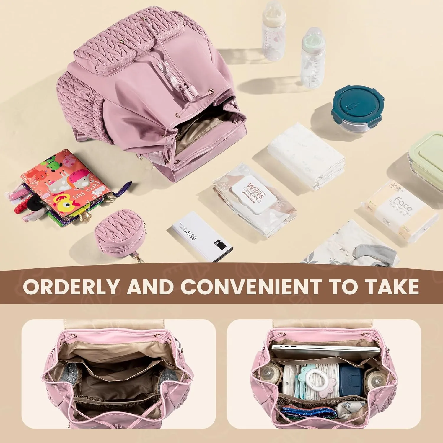 LOVEVOOK Diaper Bag Backpack, Small Baby Bag, Cute Baby Diaper Bag, Stylish Water-Resistant Travel Baby Bag for Mom, Baby Backpack with Changing Pad, Stroller Straps-Pink