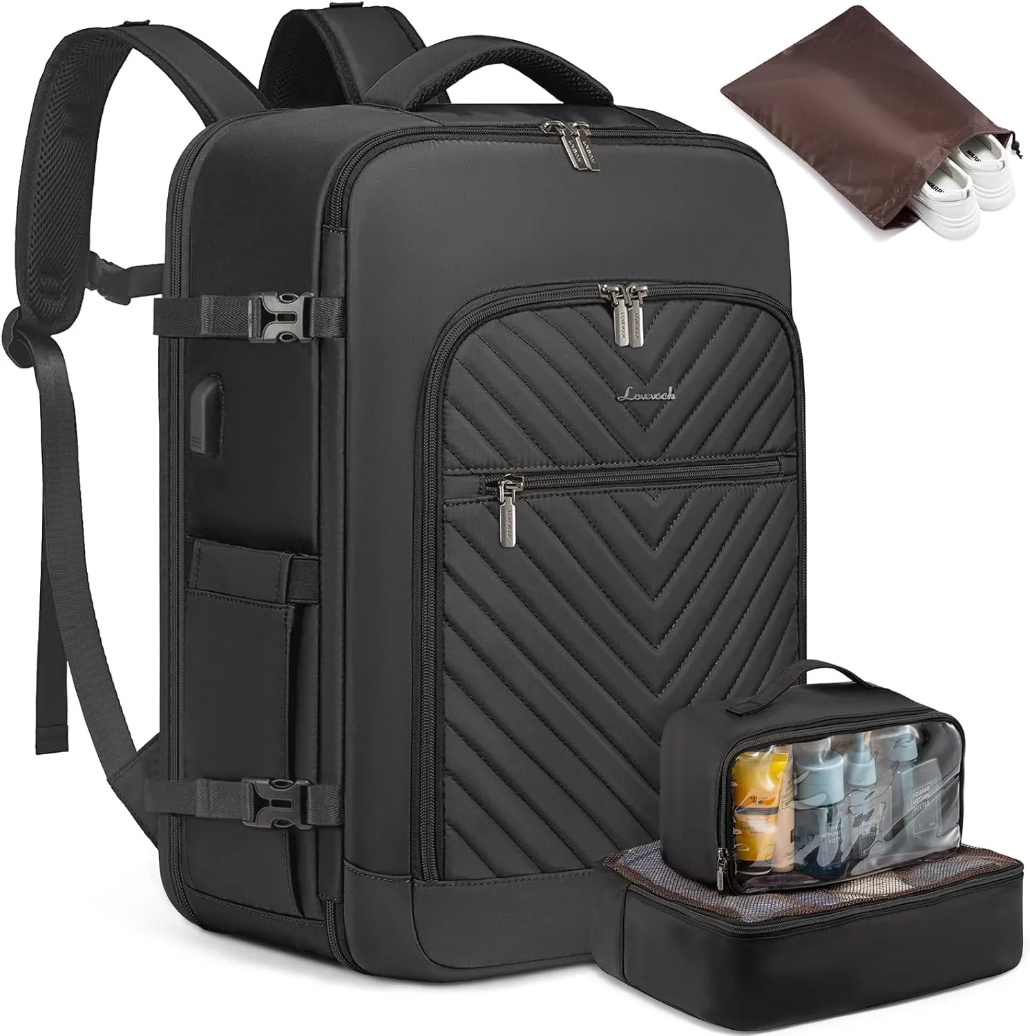 LOVEVOOK Large Travel Backpack for Women,Carry on Backpack Flight Approved with Shoe Bag,Personal Item Backpack Travel Bag with 2 Storage Containers,TSA Fit 17inch Laptop Luggage with USB Port