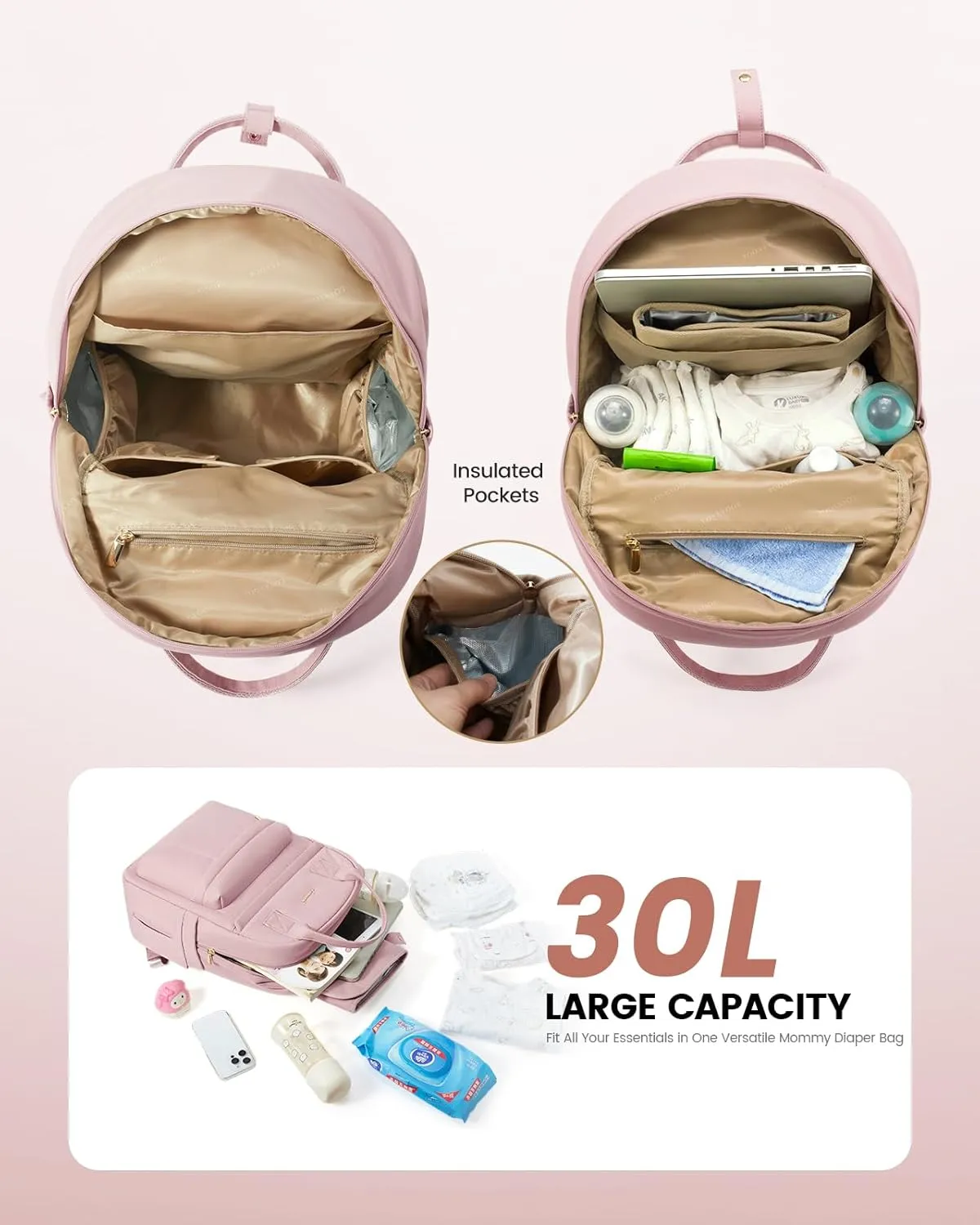 LOVEVOOK Puffer Diaper Bag Backpack, Lightweight Baby Bag with Changing Pad, Large Diaper Backpack for Mom Dad with Stroller Buckles, Pink