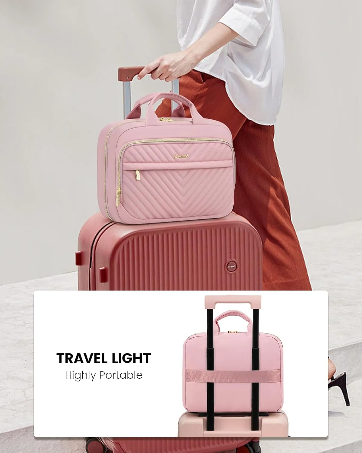 LOVEVOOK Travel Toiletry Bag for Women, Waterproof Hanging Makeup Bag with Jewelry Compartment, Portable Cosmetic Bag with Luggage Strap for Trips Camping Bathroom(Pink,12.5 Inch)