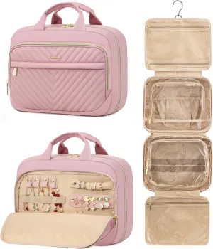 LOVEVOOK Travel Toiletry Bag for Women, Waterproof Hanging Makeup Bag with Jewelry Compartment, Portable Cosmetic Bag with Luggage Strap for Trips Camping Bathroom(Pink,12.5 Inch)