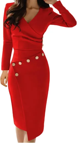 Lrady Women's Deep V Neck Casual Work Bodycon Cocktail Party Pencil Midi Dress