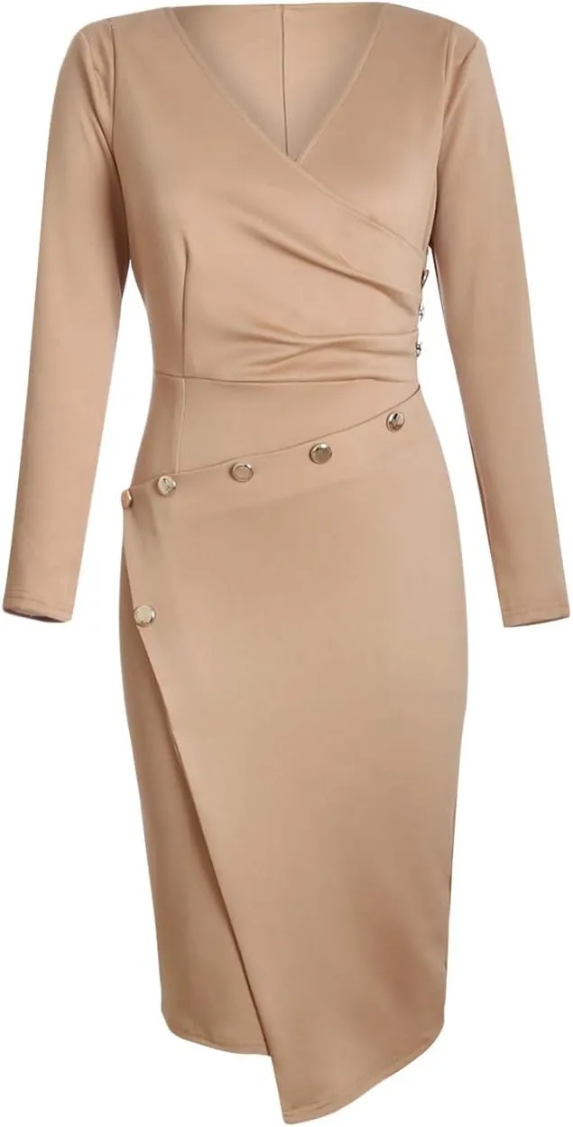 Lrady Women's Deep V Neck Casual Work Bodycon Cocktail Party Pencil Midi Dress