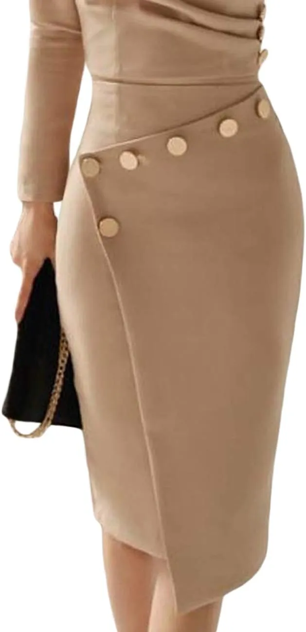 Lrady Women's Deep V Neck Casual Work Bodycon Cocktail Party Pencil Midi Dress