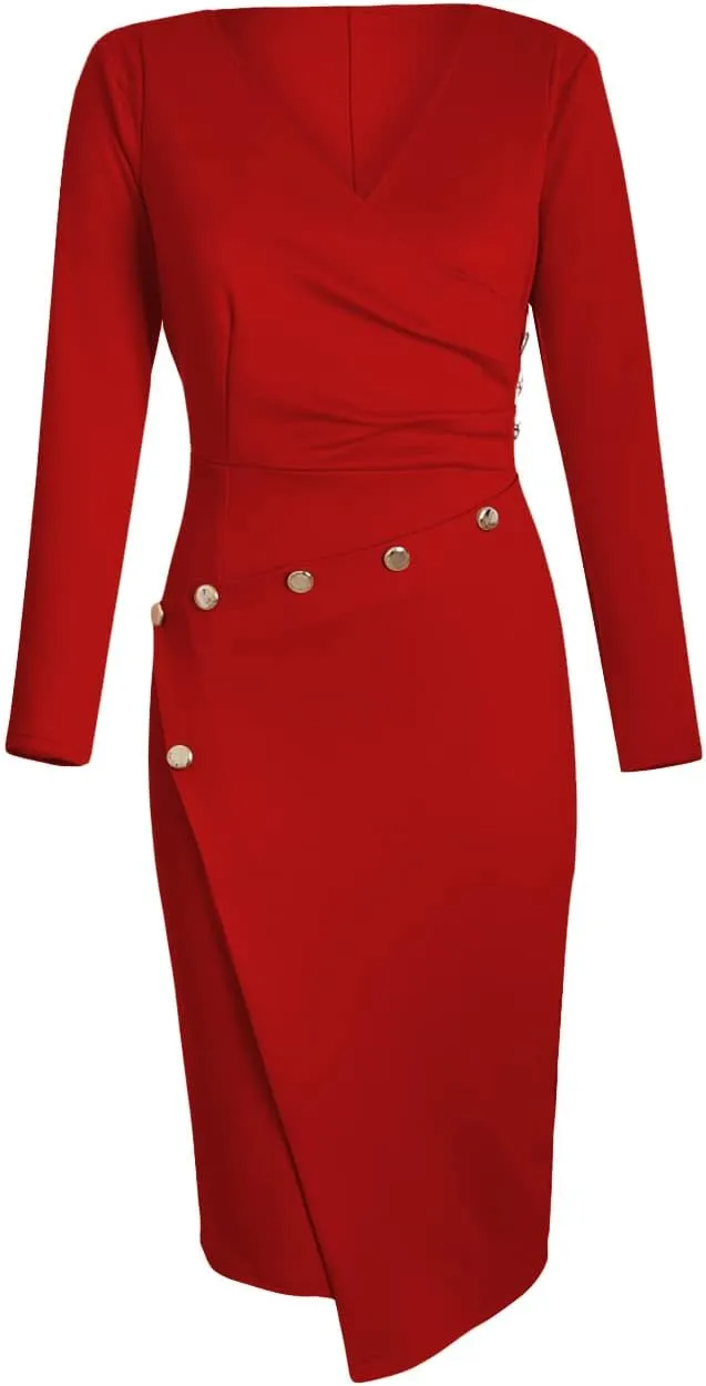 Lrady Women's Deep V Neck Casual Work Bodycon Cocktail Party Pencil Midi Dress