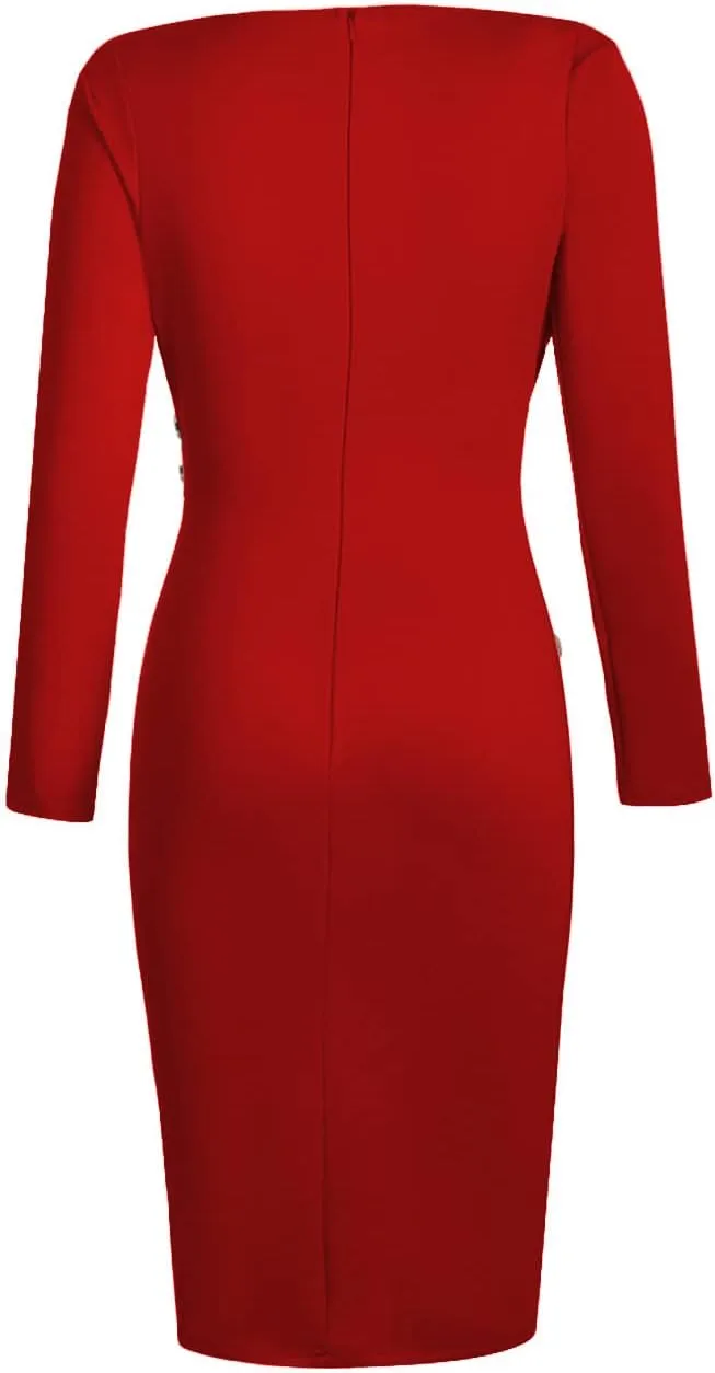 Lrady Women's Deep V Neck Casual Work Bodycon Cocktail Party Pencil Midi Dress