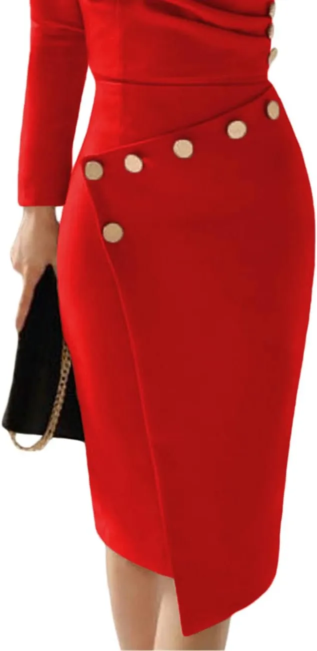 Lrady Women's Deep V Neck Casual Work Bodycon Cocktail Party Pencil Midi Dress
