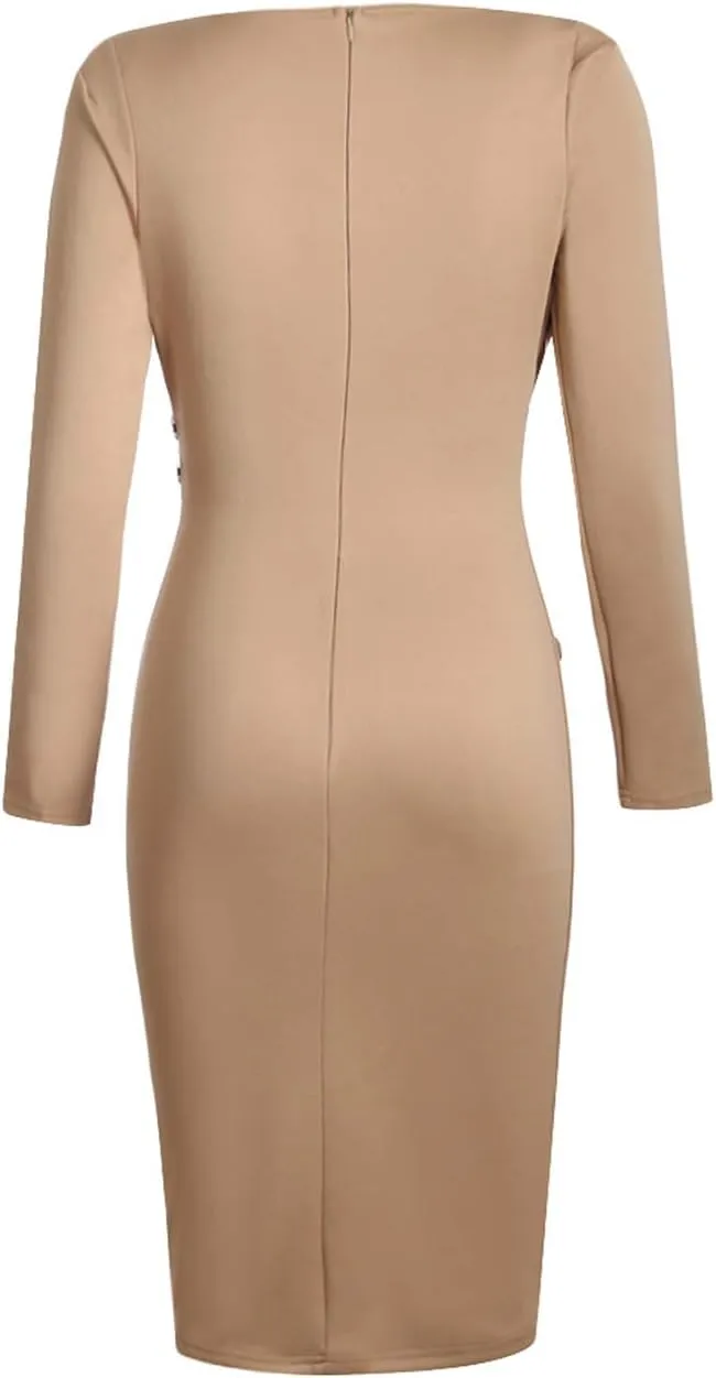 Lrady Women's Deep V Neck Casual Work Bodycon Cocktail Party Pencil Midi Dress