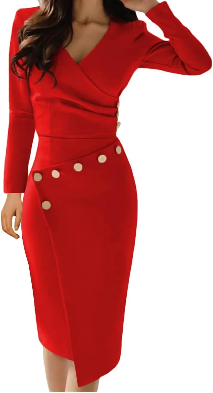 Lrady Women's Deep V Neck Casual Work Bodycon Cocktail Party Pencil Midi Dress