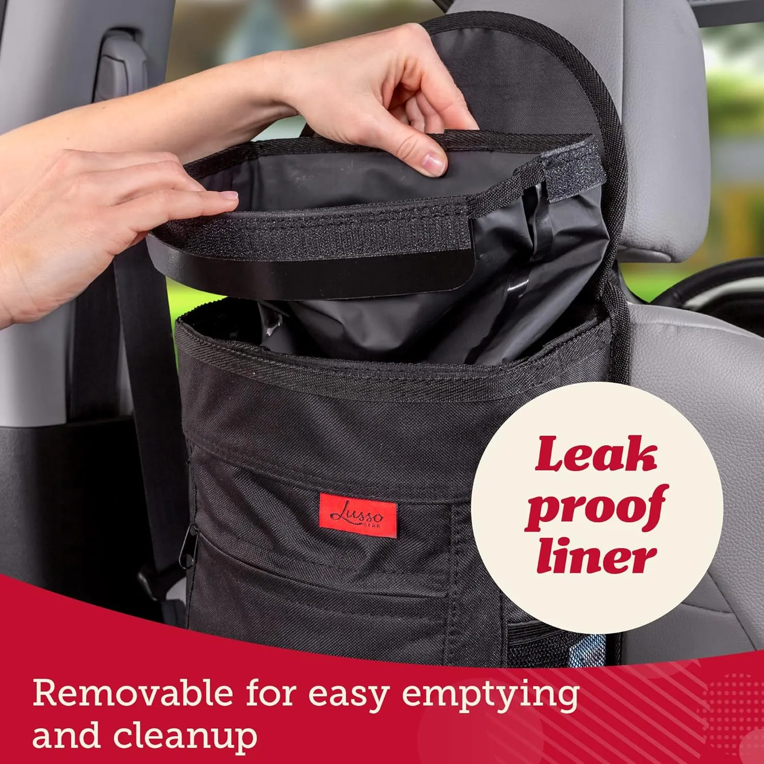 Lusso Gear Spill-Proof Car Trash Can (2.5 Gallon) - Easy to Clean, Hanging Car Garbage Bin with Removable Liner - Leak-Proof Gray