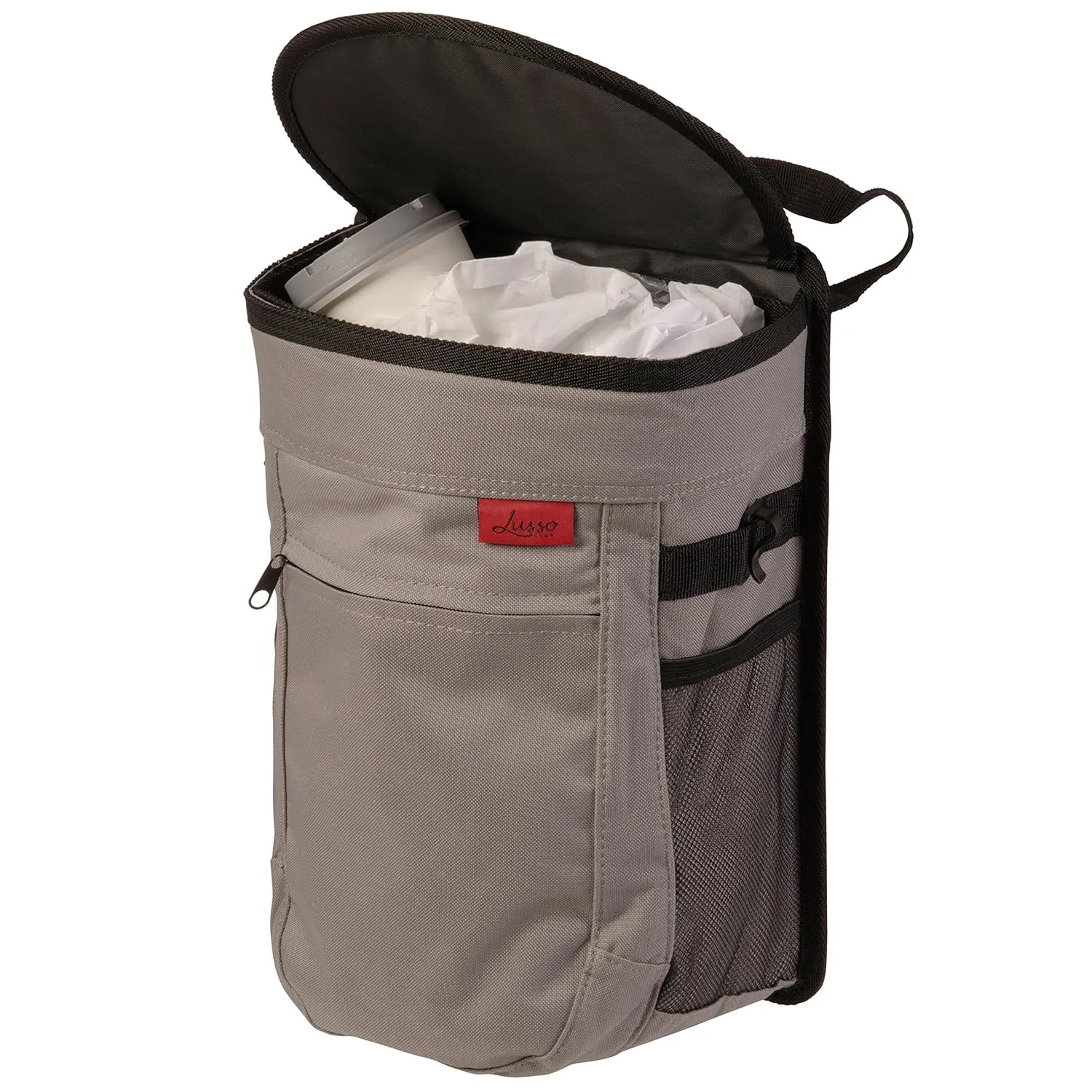 Lusso Gear Spill-Proof Car Trash Can (2.5 Gallon) - Easy to Clean, Hanging Car Garbage Bin with Removable Liner - Leak-Proof Gray