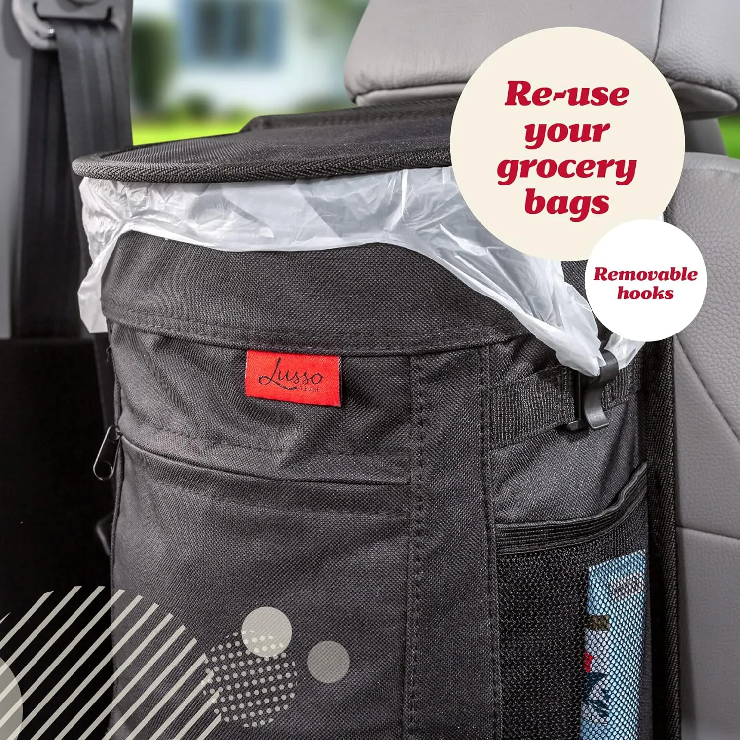 Lusso Gear Spill-Proof Car Trash Can (2.5 Gallon) - Easy to Clean, Hanging Car Garbage Bin with Removable Liner - Leak-Proof Gray